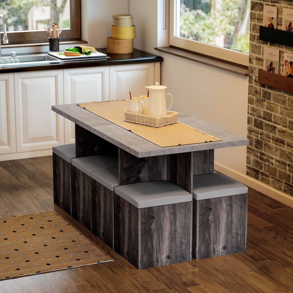 image 1 of HOMCOM 5PC Dining Set Garden Patio Wooden Set 4 Storage Stools Footrest Ottoman with Cushions Table Space Saving Design Indoor Outdoor