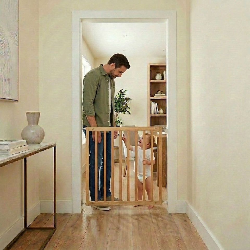 image 1 of Safetots Simply Secure Wooden Gate, 72cm - 79cm, Natural, Wooden Stair Gate, Screw Fit Baby Gate, Safety Barrier