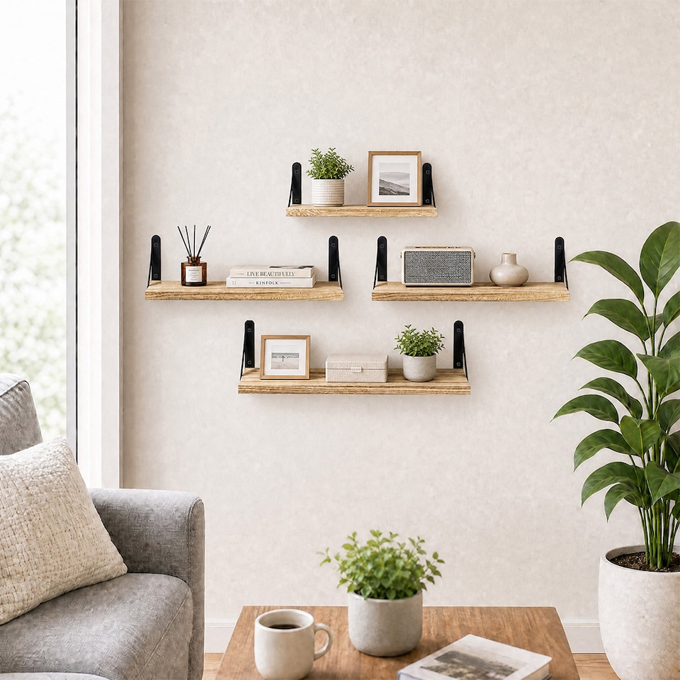 image 1 of Levede Wall Mounted Floating Shelves Set of 4 Rustic Display Shelf Solid Wood