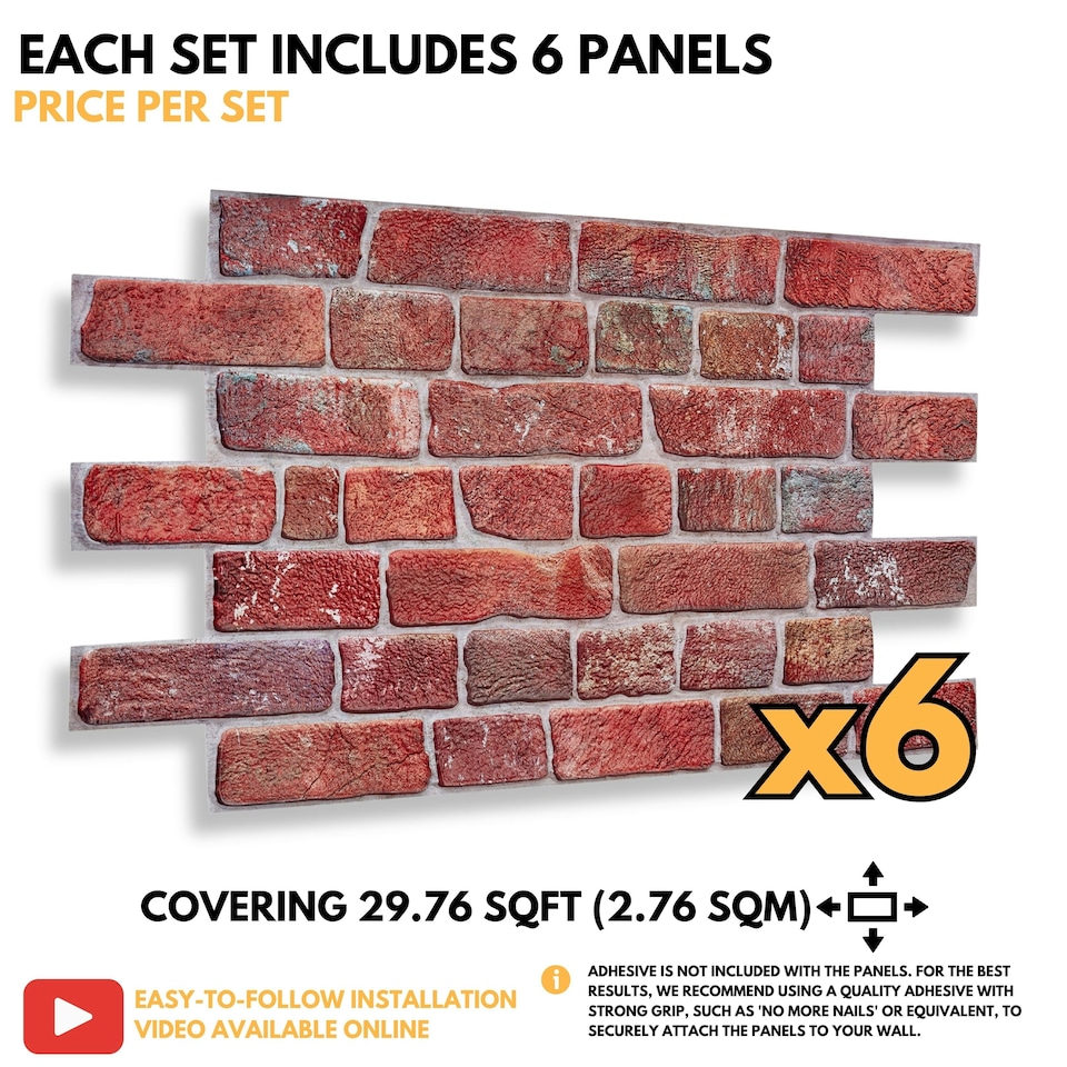 image 1 of NOVECRAFTO 3D Retro Brick Wall Panels – 6 Sheets, Covers 2.76 sqm (29.76 sq ft), 96x48cm – Old Red Brick Effect PVC Cladding for Kitchen, Office, Living Room