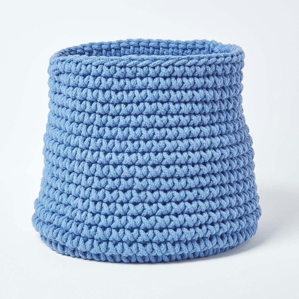 image 1 of Homescapes Blue Cotton Knitted Round Storage Basket - 42 x 37cm | Blue | L