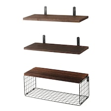 Living and Home 3Pcs Wooden Wall Floating Shelves with Basket