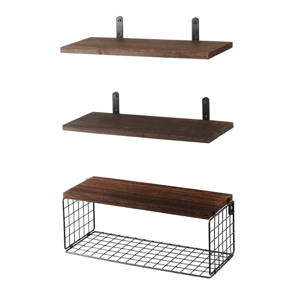 image 1 of Living and Home 3Pcs Wooden Wall Floating Shelves with Basket