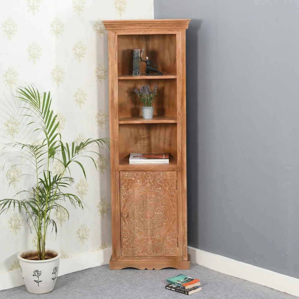 image 1 of Artistry Mango Wood Corner Bookcase | Brown | Brown