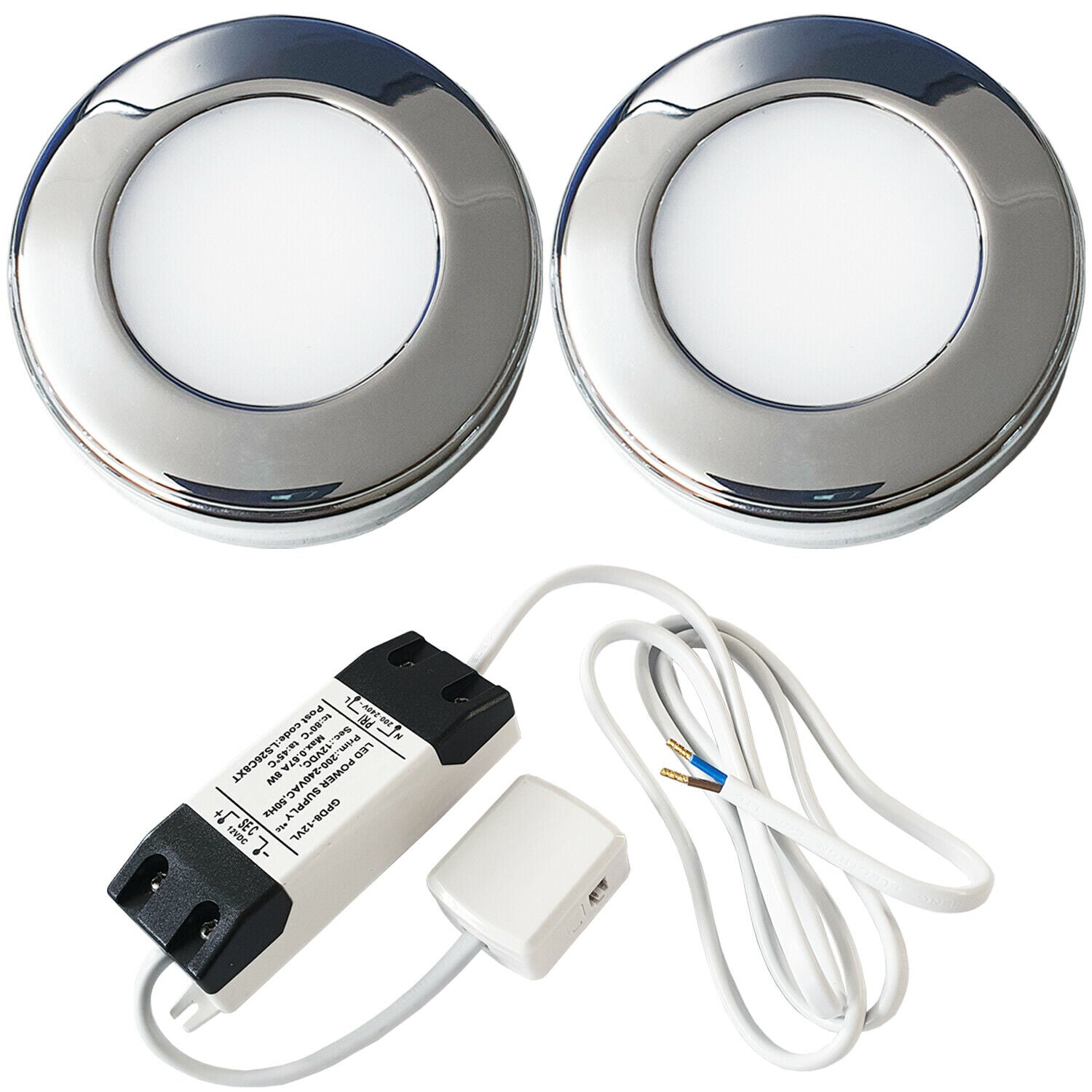 Loops 2x CHROME Round Surface or Flush Under Cabinet Kitchen Light & Driver Kit - Natural White LED