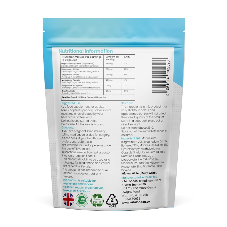 image 1 of Advanced Magnesium 6 in 1 - With Glycinate, Bisglycinate, Citrate, Malate, Zinc - 1500mg - 60 Capsules