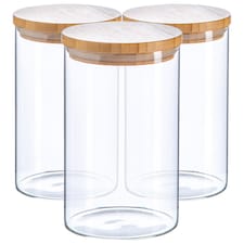 Argon Tableware Glass Storage Jars - Wooden Lid - 1 Litre - Modern Round Scandi Organisation Container Glass Jar - Set of 3