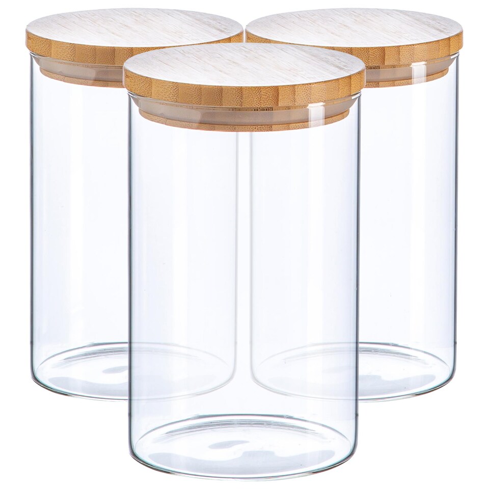 image 1 of Argon Tableware Glass Storage Jars - Wooden Lid - 1 Litre - Modern Round Scandi Organisation Container Glass Jar - Set of 3