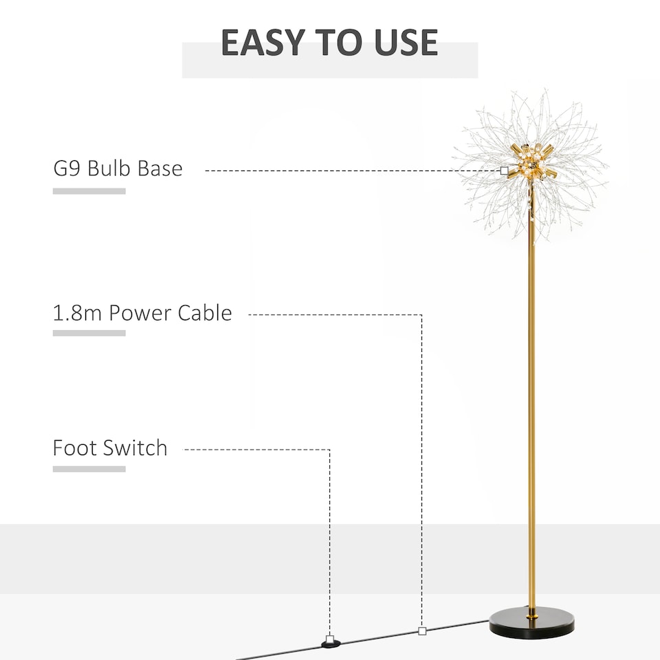 image 1 of HOMCOM Floor Lamp, Crystal Fireworks Standing Lamp, Metal Golden Pole Tree Lighting with Foot Switch, 8 Lights, G9 Bulb Base, for Living Room, Bedroom