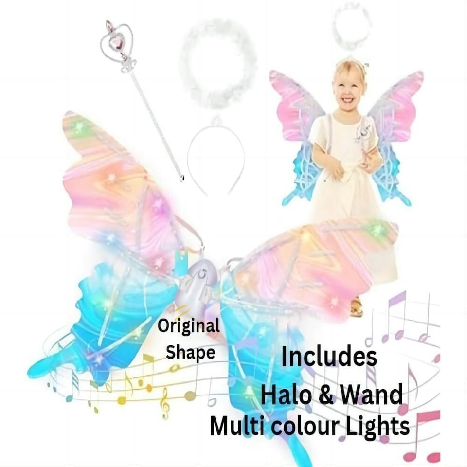 image 1 of deAO Light Up Butterfly Fairy Wings with Multi-Colour Lights & Adjustable Straps Childrens Dress Up Toy
