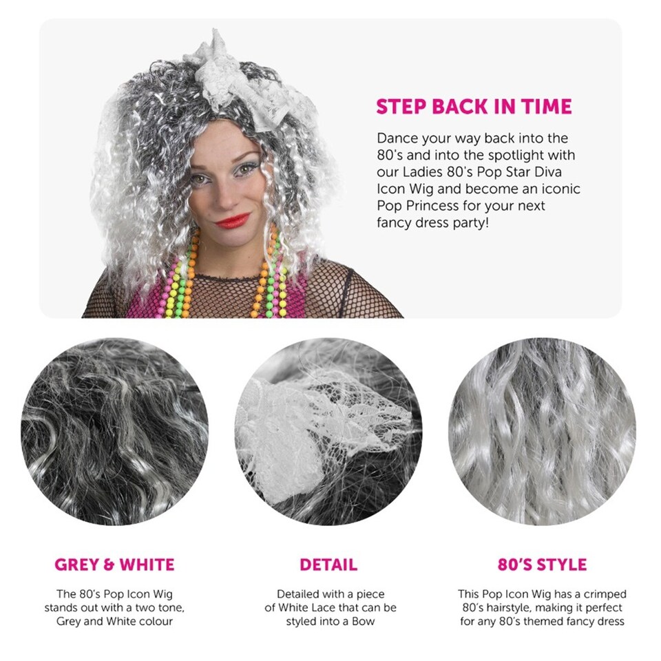 image 1 of 80s Pop Diva Wig with White Bow | White | One Size