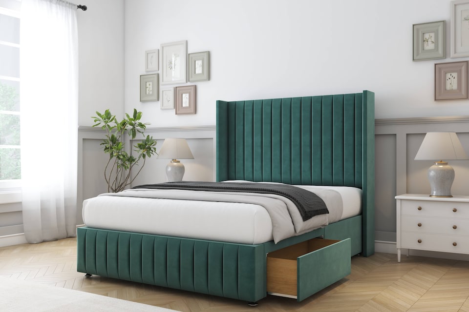image 1 of Sloomy Marlborough Emerald Plush Divan Bed Base No Drawers With 54 Inch Wingback Headboard & 12 Inch Matching Footboard | Green | Emerald | Small Single | 1