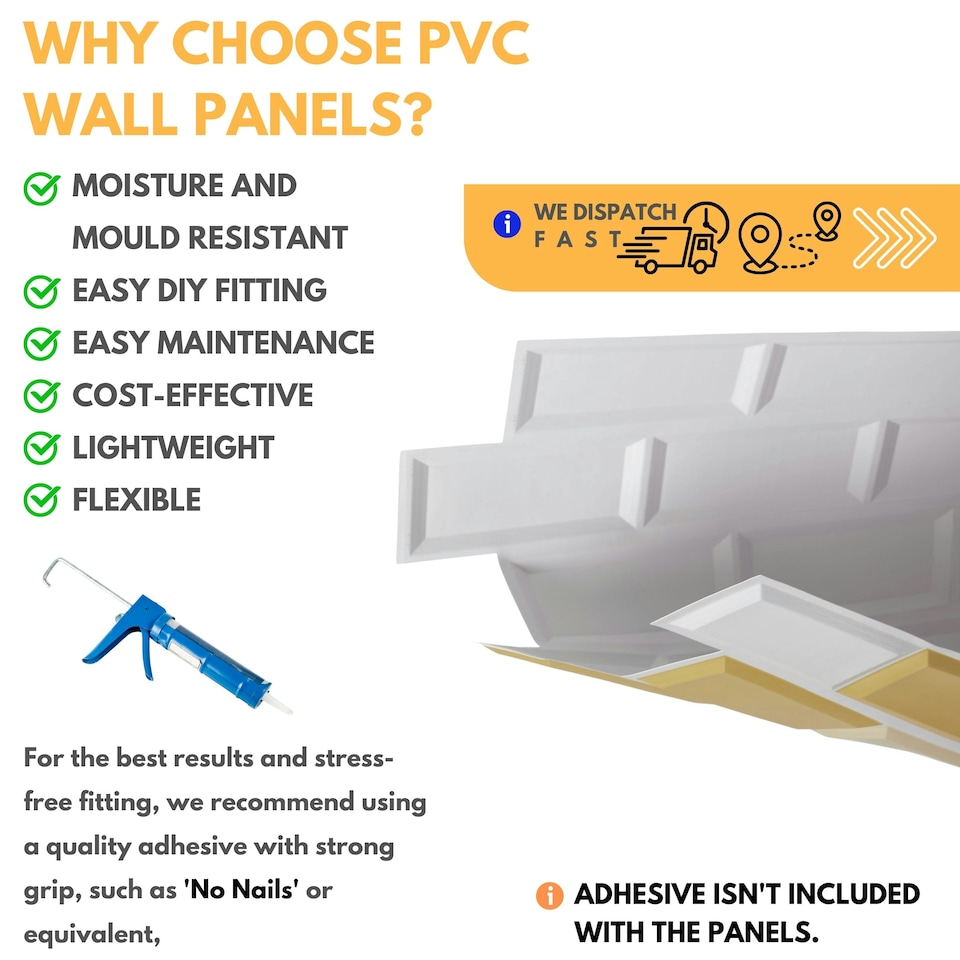 image 1 of NOVECRAFTO 3D Wall Panels – 6 PVC Sheets, Covers 2.76 sqm (29.76 sq ft), 96x48cm Each – White Subway Tile Pattern with Gold and Beige Accents