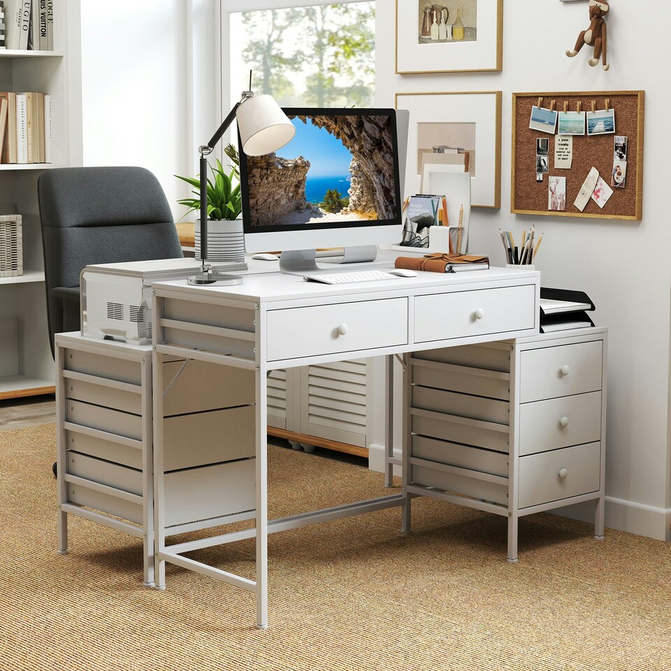image 1 of COSTWAY Computer Desk with 5 Drawers and Side File Cabinet White White