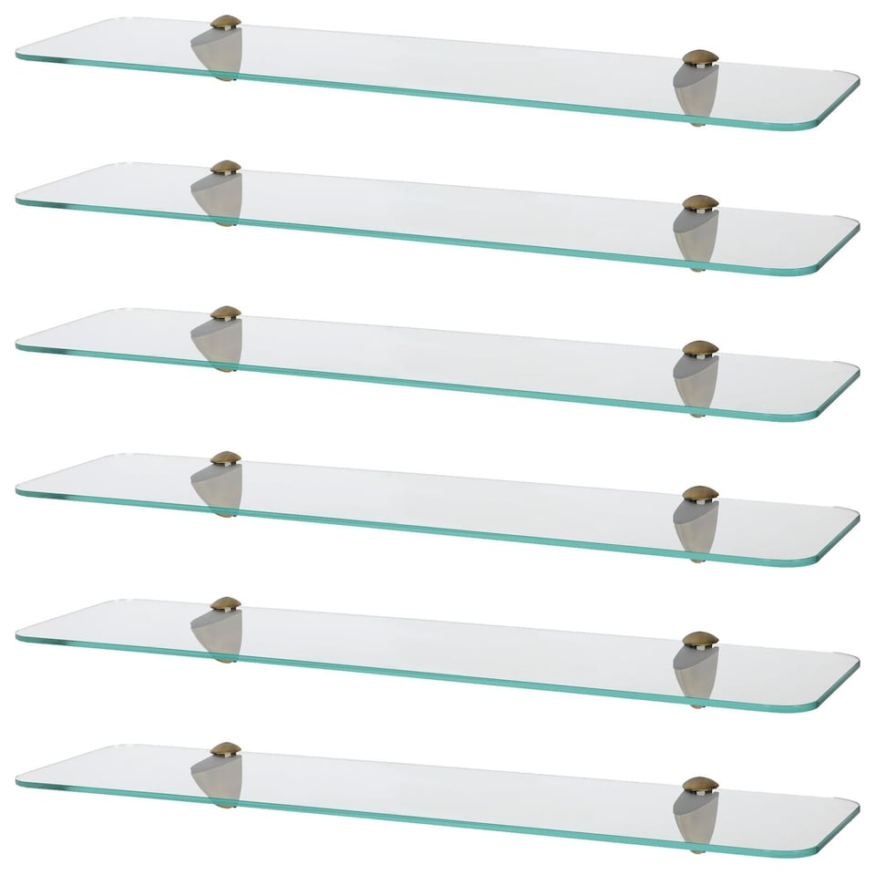 image 1 of Harbour Housewares Rounded Floating Glass Bathroom Shelves - 60cm - Clear/Gold - Pack of 6 | Clear | Clear/Gold