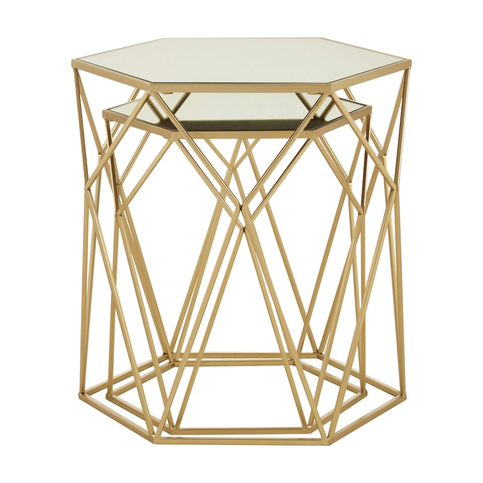 image 1 of Set of 2 Hexagonal Mirrored Top Side Tables,Nesting Tables With Champagne Finish,Decorative Accent Tables Gold