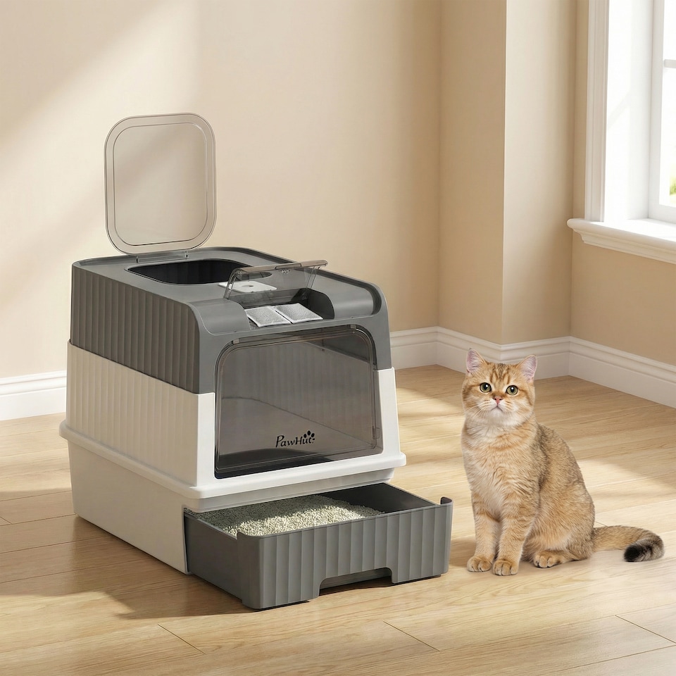 image 1 of PawHut Cat litter Box, Enclosed Cat Litter Box w/ Lid, Pull-Out Drawer Tray
