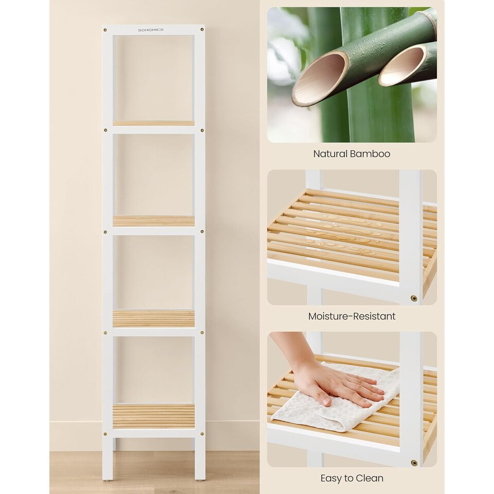 image 1 of Bamboo Freestanding Shelf, Five-Tier Corner Storage Unit for Kitchen, Room, Hallway, Cloud White and Natural Beige