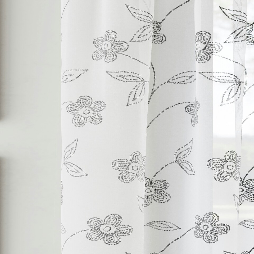 image 1 of Pair of Sienna Grey Floral Trail Embroidery Voile Panels 229 cm (90 inch) Rod Pocket Panels for Bedroom and Living Room