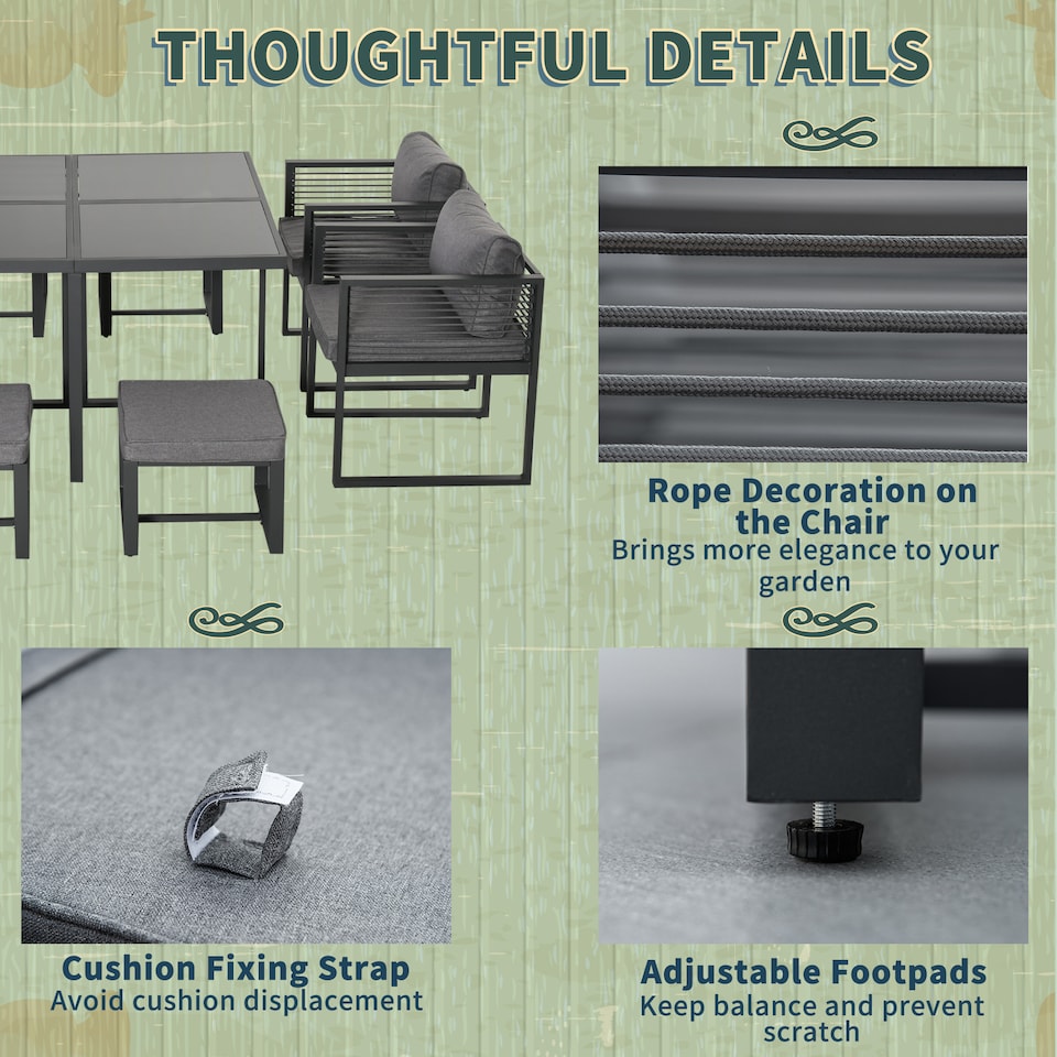 image 1 of Outsunny 8 Seater Aluminium Garden Dining Cube Set w/ 4 Chairs 4 Footstools