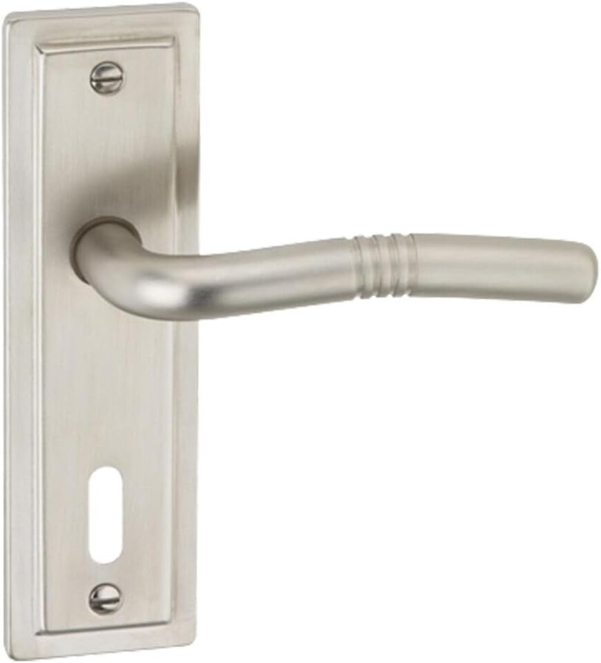 image 1 of Nevada Metal Lever Latch Door Handles Set Round Rose Internal & External | Silver | Satin Nickel Keyhole | 1