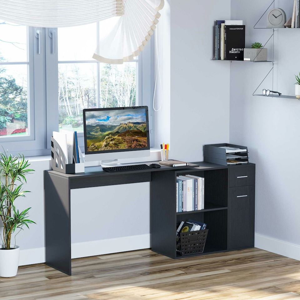 image 1 of HOMCOM Computer Desk 180° Rotating Dining Table W/ Storage Shelf Black