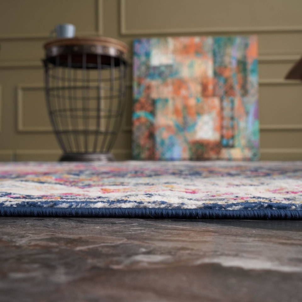 image 1 of The Rugs Marrakech Collection Pink and Navy Distressed Medallion Living Room Floor Rug and Runner | 440