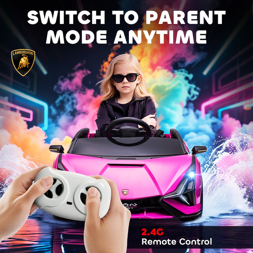 image 1 of HOMCOM Lamborghini Sian Licensed 12V Electric Car for Kids 2 Motors Toy Car with Remote Control Music Lights MP3 for 3-5 Years Pink