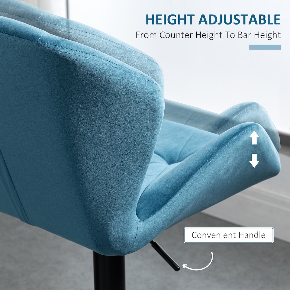 image 1 of HOMCOM Bar Stools Set Of 2, Luxurious Velvet-Touch Barstools with Metal Frame Footrest Round Base Triangle Indenting Moulded Seat Adjustable Height Swivel Blue