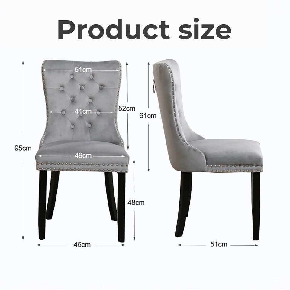 image 1 of Grey Set of Six Studded Velvet Dining Chair with Ring Knocker Detail | Grey | Dark Grey