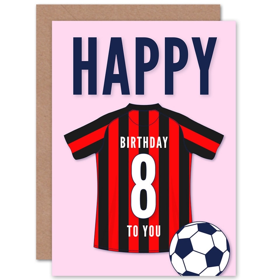 image 1 of Football Strip Kit Red Striped Top Age 8 Year Old Child Kids 8th Birthday Card