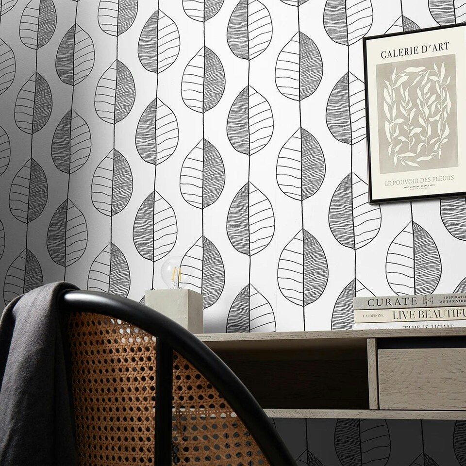 image 1 of Fika Leaf Wallpaper in Black and White Multi