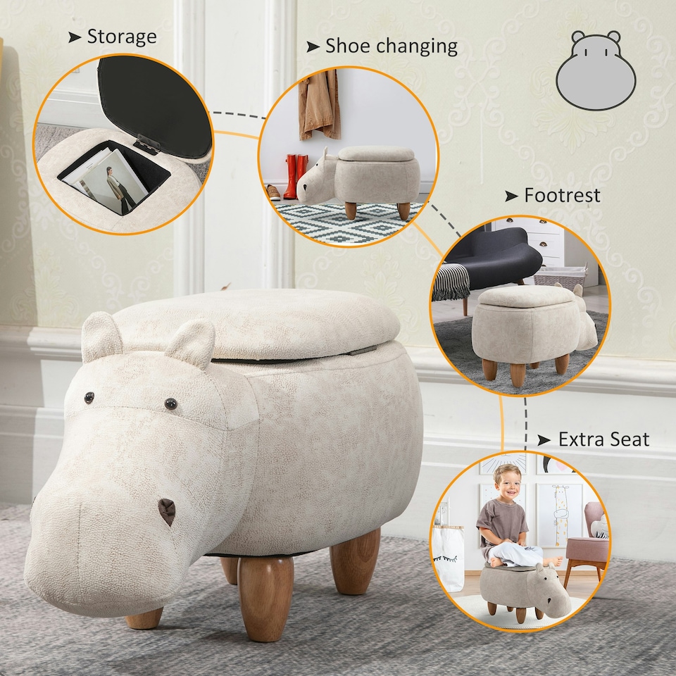 image 1 of HOMCOM Hippo Storage Stool Cute Decoration Footrest Wood Frame Legs Cream