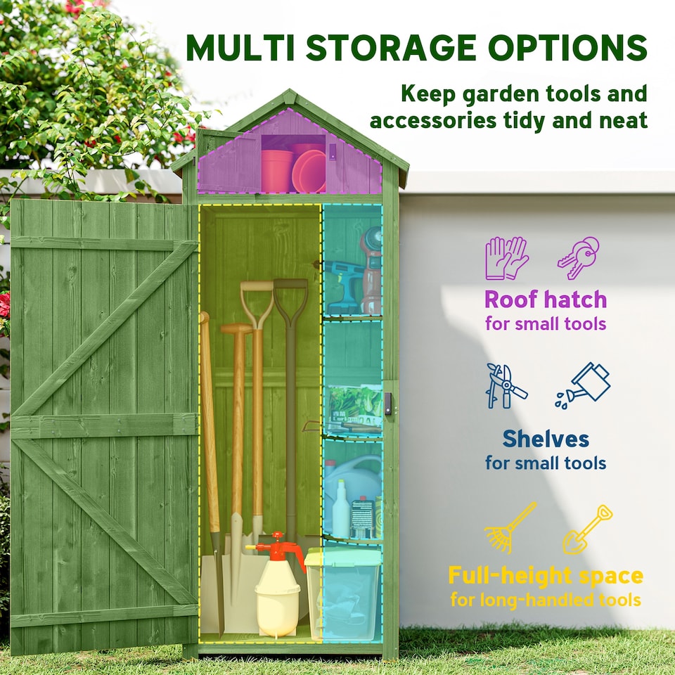 image 1 of Outsunny Small Shed, Tall Slim Wooden Garden Shed with 3 Removable Shelves and Roof Hatch, Compact Outdoor Tool Storage Cabinet with Asphalt Roof and Door Latch, 77 x 54.2 x 179 cm, Green