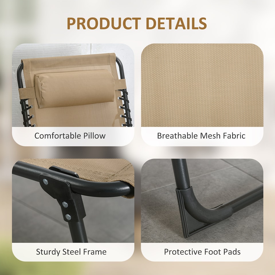 image 1 of Outsunny Portable Sun Lounger, Folding Camping Bed Cot, Reclining Lounge Chair 5-position Adjustable Backrest with Side Pocket, Pillow for Patio Garden Beach Pool | White