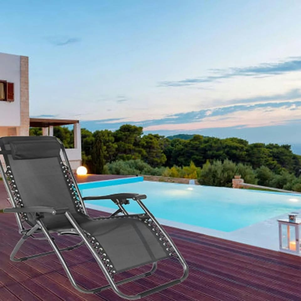 image 1 of Zero Gravity Garden Chair Outdoor Reclining Sun Lounger Portable Beach Recliner Black
