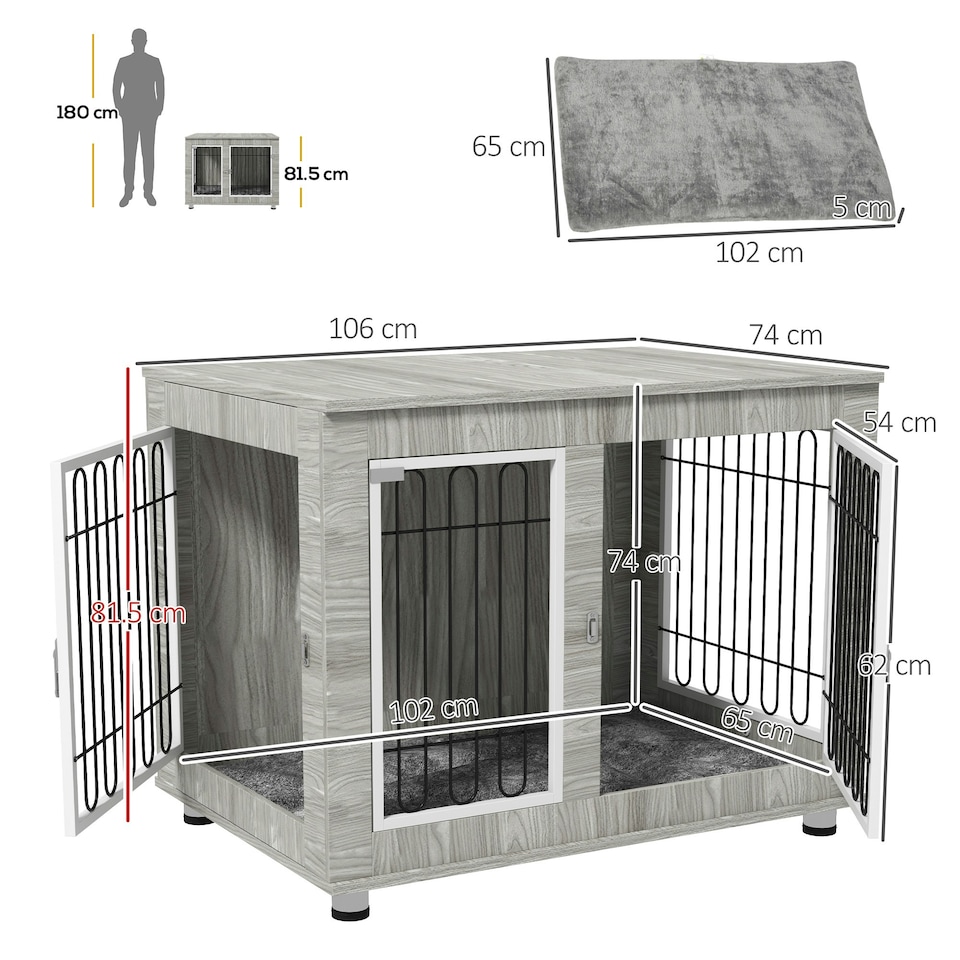image 1 of PawHut Dog Crate Furniture, Dog Crate End Table w/ Soft Cushion, Double Door