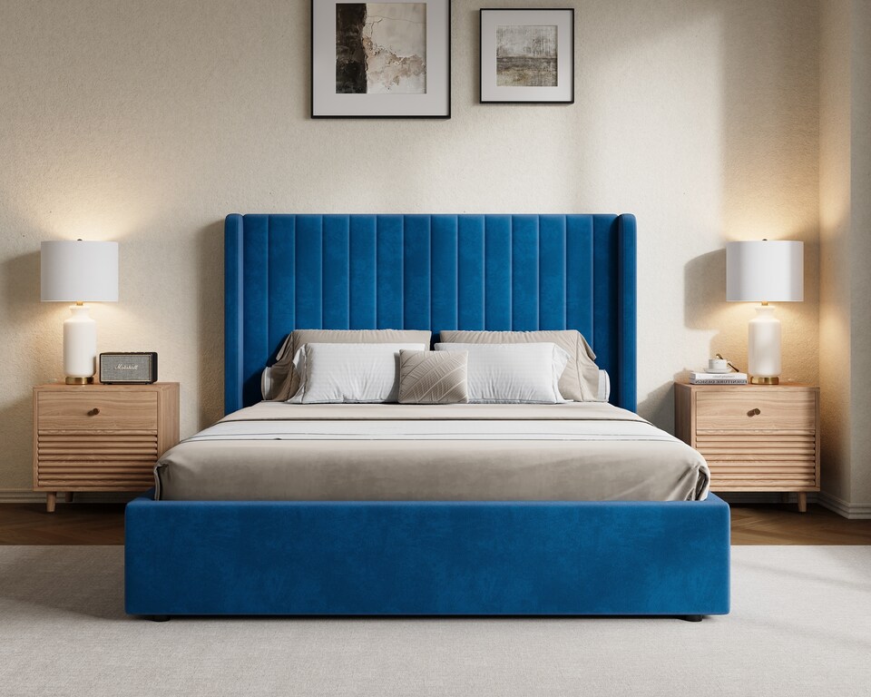 image 1 of Ezysleep Belgravia Velvet Upholstered Gas Lift Ottoman Storage Bed Frame Modern Design | Blue | Navy