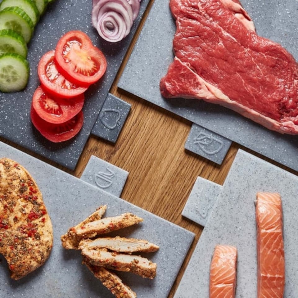 image 1 of Cooks Professional Set of 4 Granite Effect Index Chopping Boards with Stand