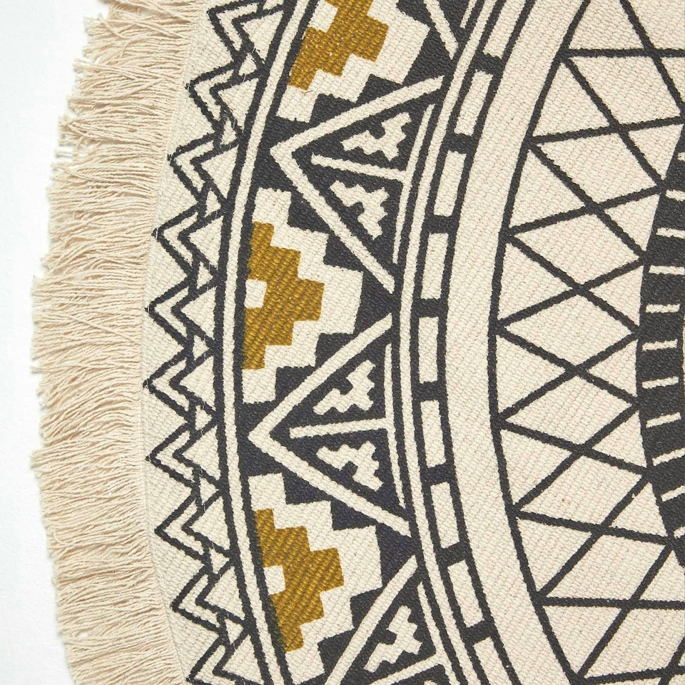 image 1 of Homescapes Black and Gold 100% Cotton Mandala Printed Round Rug Black | 145 cm Round