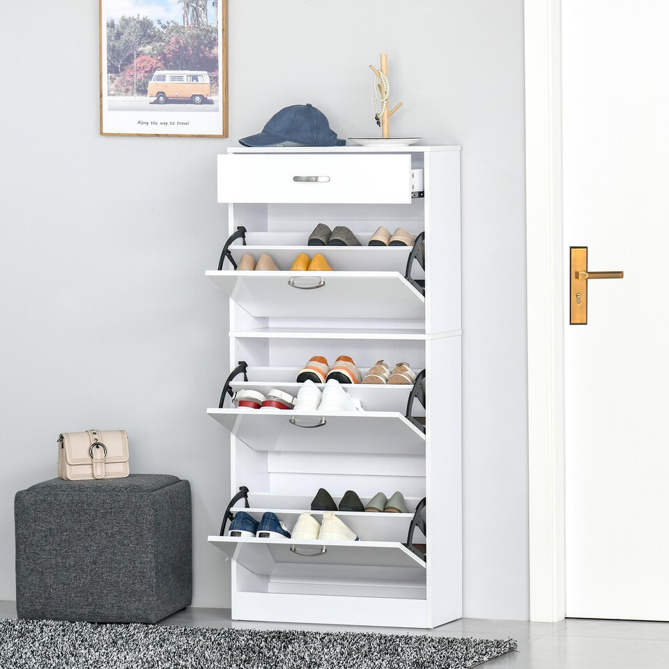image 1 of HOMCOM Shoe Cabinet with 3 Flip Drawers, High Gloss Shoe Storage Cabinet with Top Drawer and Adjustable Shelves, Shoe Cupboard for 18 Pairs, White | White