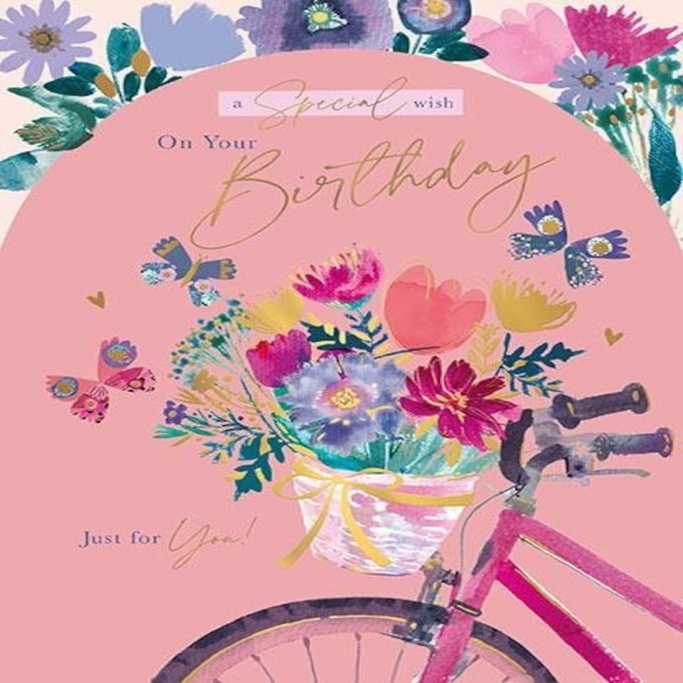 Words 'n' Wishes Traditional Birthday Card with Bike & Floral Design, Gold Foil Finish, 14 x 19 cm, UK Made