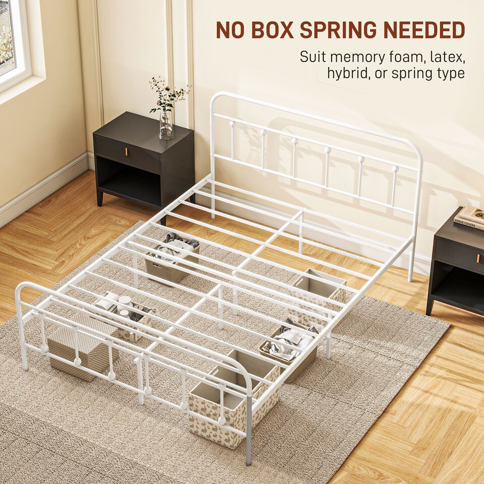 image 1 of HOMCOM 4ft6 Double Bed Frame, Metal Platform Bed frame with Tall Headboard, Footboard and Steel Slat Support, No Box Spring Needed, Easy Assembly, White