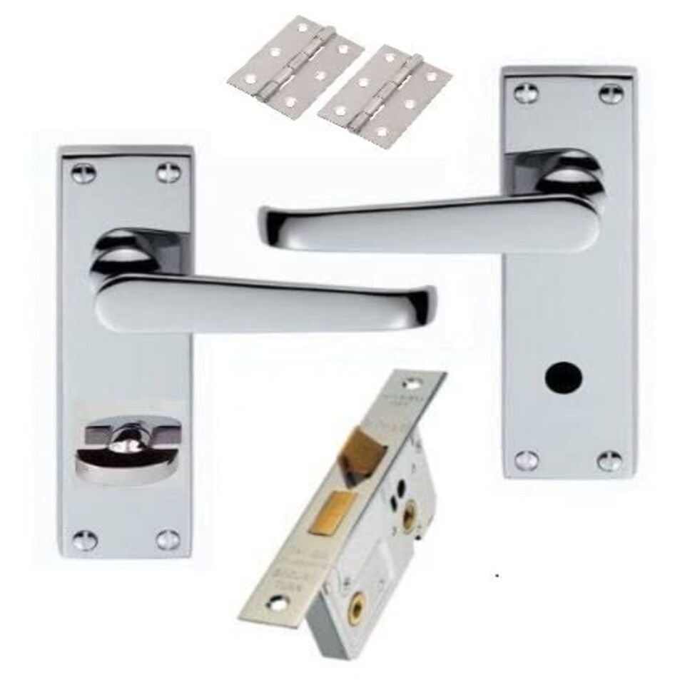 image 1 of Golden Grace Victorian Straight Bathroom Door Handles in Polished Chrome Finish with 64mm Lock & 1 Pair of 3" Butt Hinges Chrome