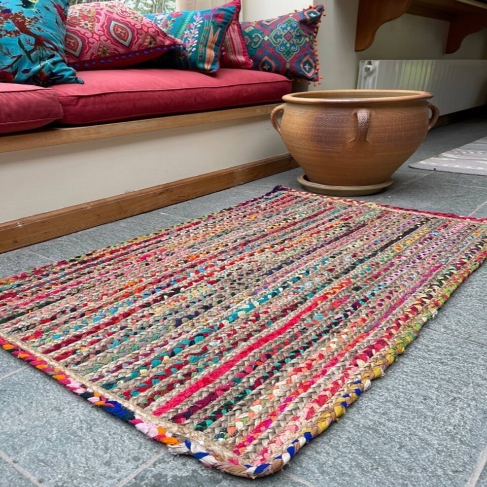 image 1 of MISHRAN Natural Rug Hand Woven with Multi Colour Braids - Natural Jute - L90 x W150 - Multicolour Multi