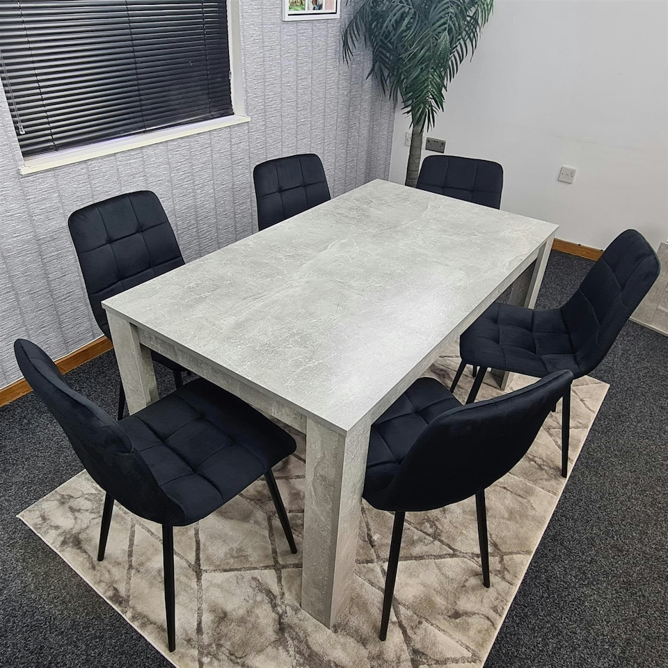 image 1 of Stone Grey Effect Wooden Dining Table Set With 6 Black Velvet Chairs Dining Room Furniture | Black | One Size | 7