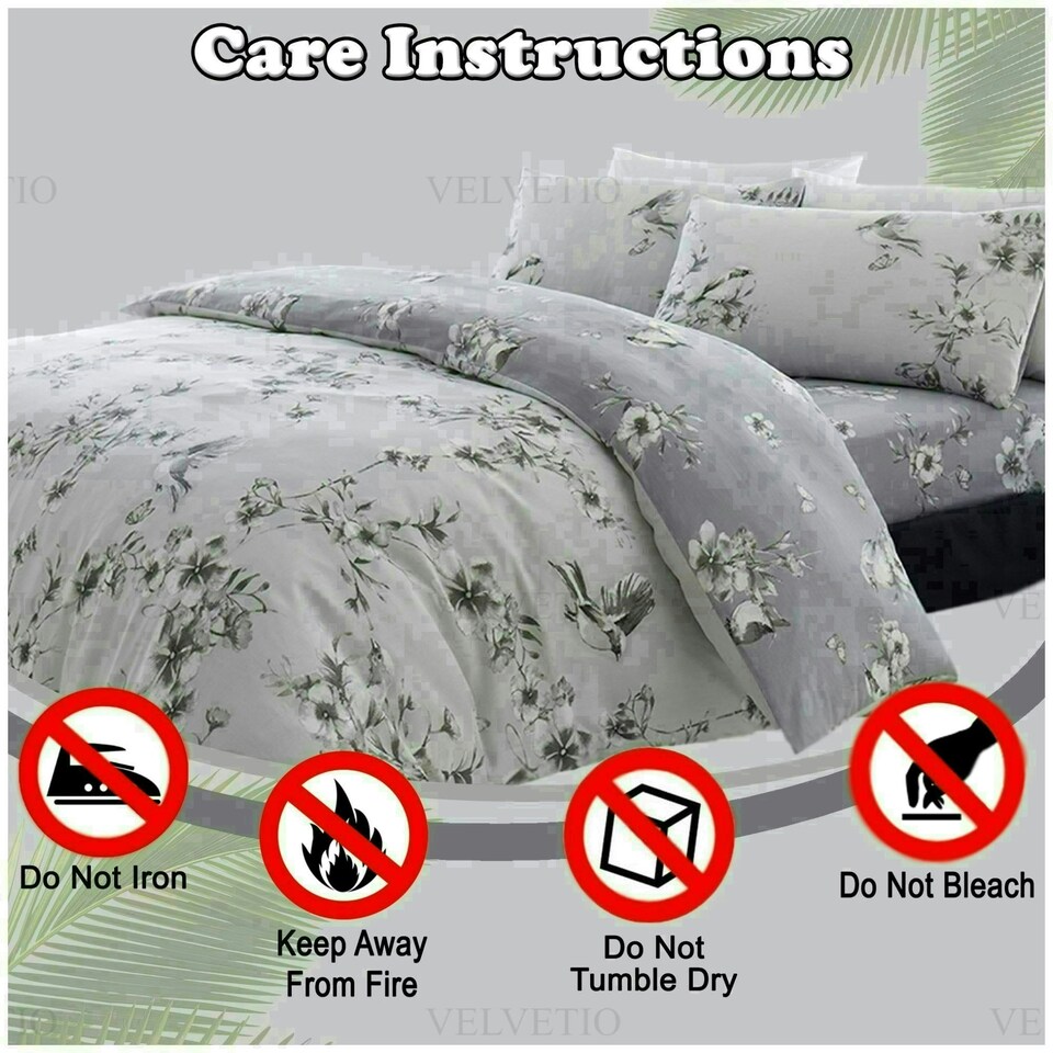 image 1 of VELVETIO Birdie Blossom Printed Duvet Cover Set Reversible Polycotton Beddings Grey | Double