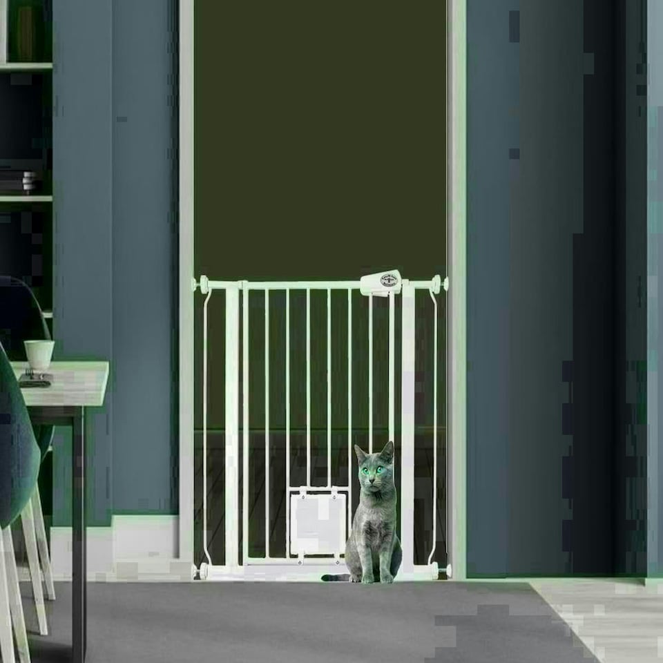 image 1 of Bettacare Pet Gate with Lockable Cat Flap, 75cm - 83cm, White, 75cm in Height