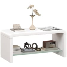 HOMCOM High Gloss Coffee Table with Storage, Two-Tier Living Room Table with Glass Shelf, Modern Centre for Home Office, 100 x 45 x 45cm, High Gloss White | Multi