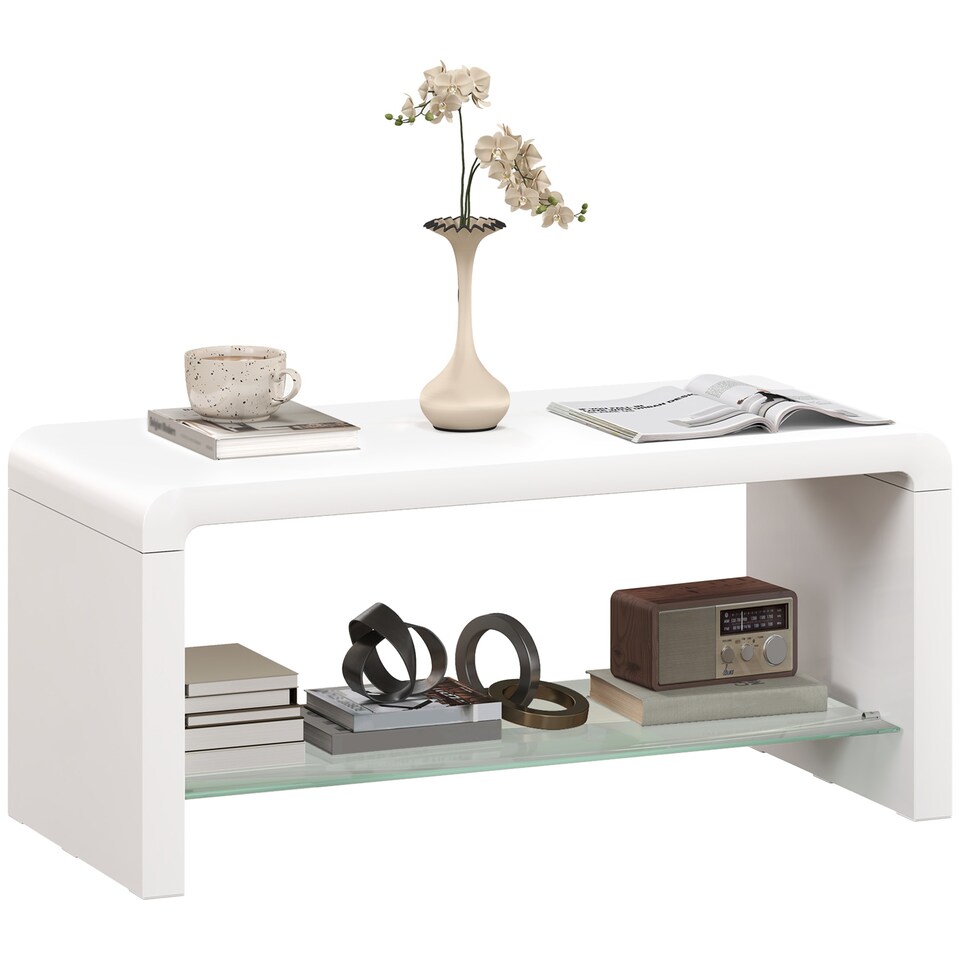 image 1 of HOMCOM High Gloss Coffee Table with Storage, Two-Tier Living Room Table with Glass Shelf, Modern Centre for Home Office, 100 x 45 x 45cm, High Gloss White | Multi